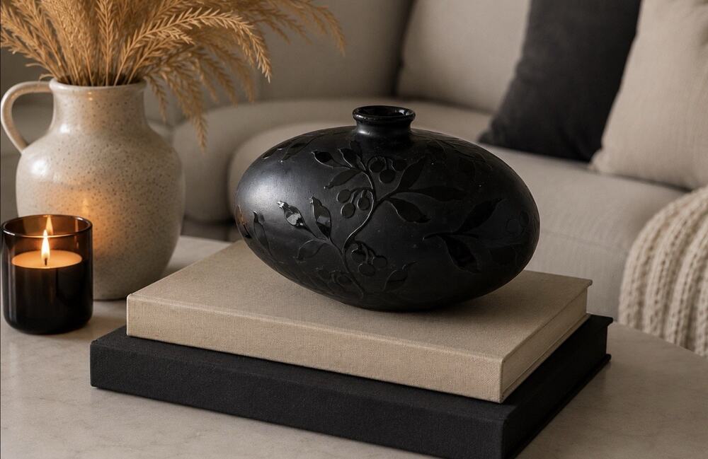 Handmade Black Floral Ceramic Oval Vase, Mexico Art Pottery, Matte Finish 9in